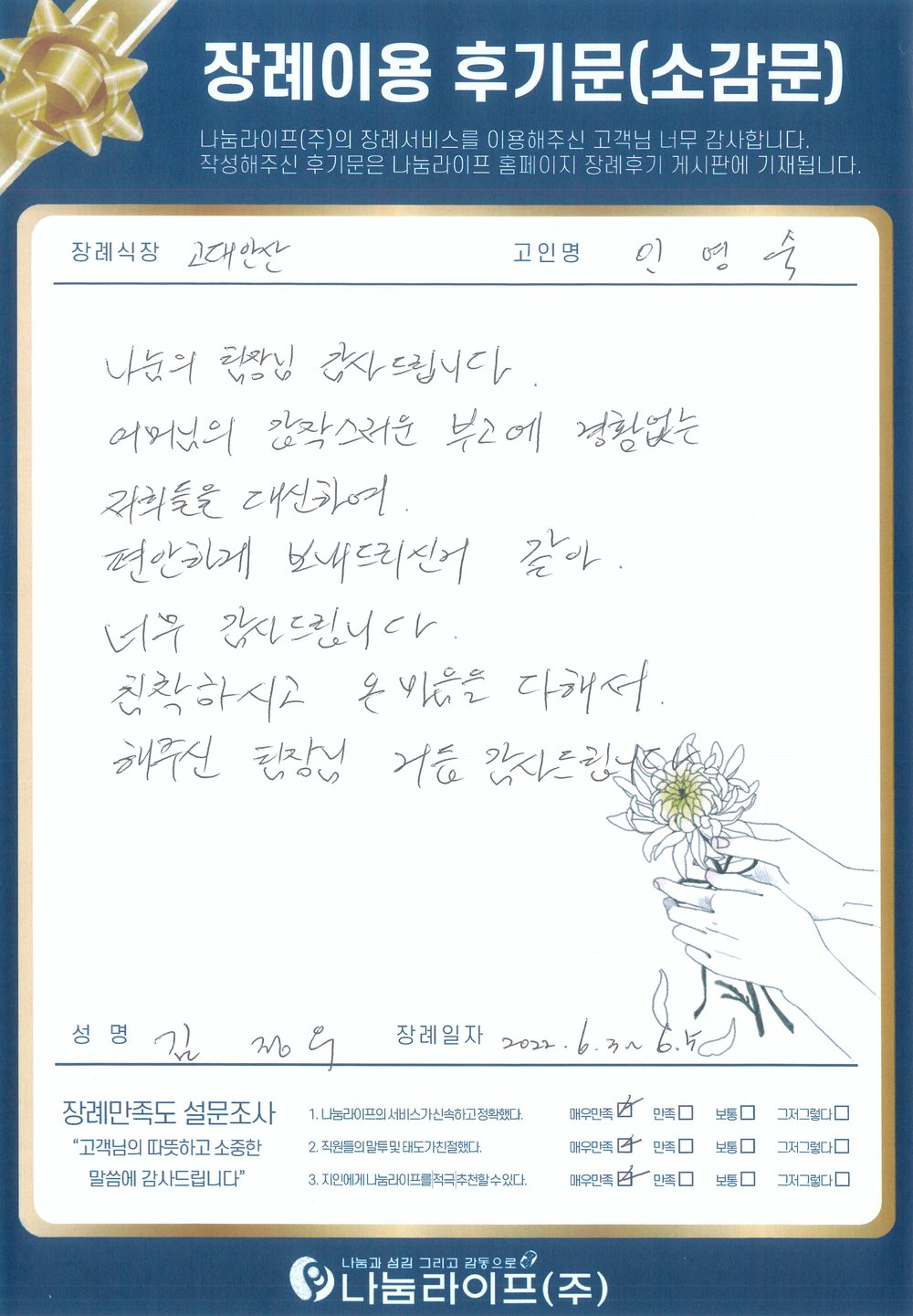 김정우 회원님의 장례이용 후기문