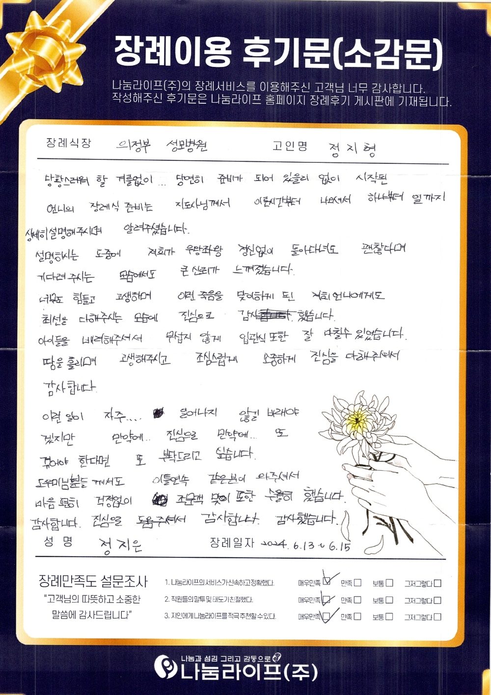 정지해 회원님의 장례이용 후기문