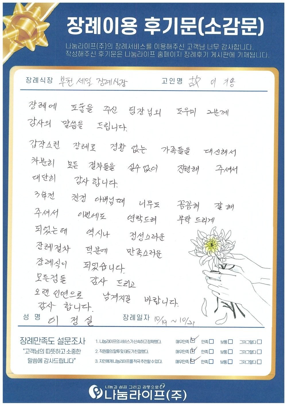 이정실 회원님의 장례이용 후기문