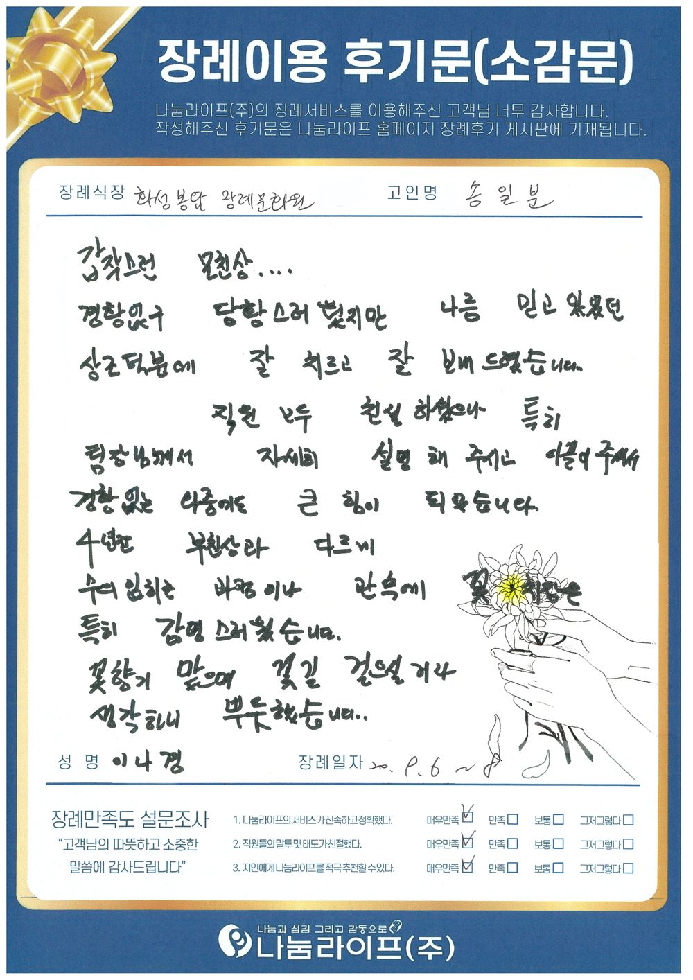 이나경 회원님의 장례이용 후기문