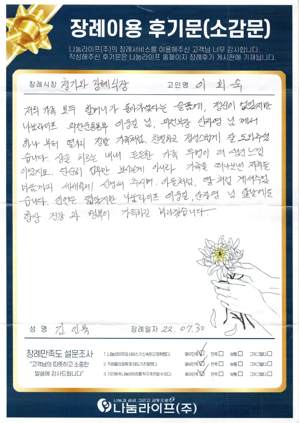 김인묵 회원님의 장례이용 후기문